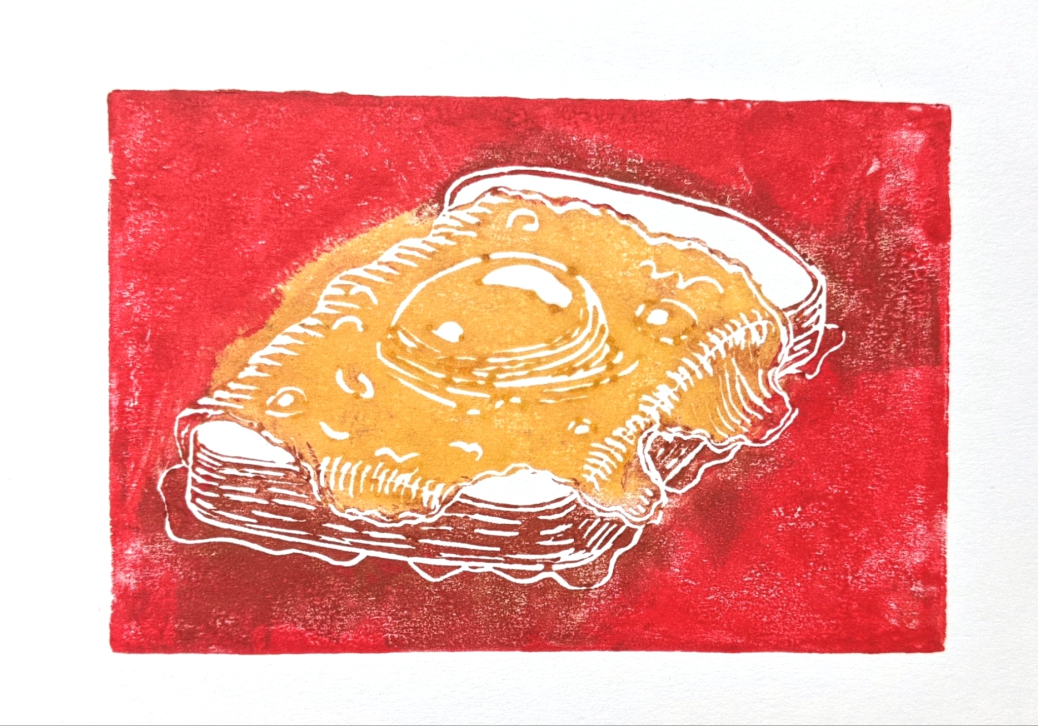 Egg on Toast (red), linocut print