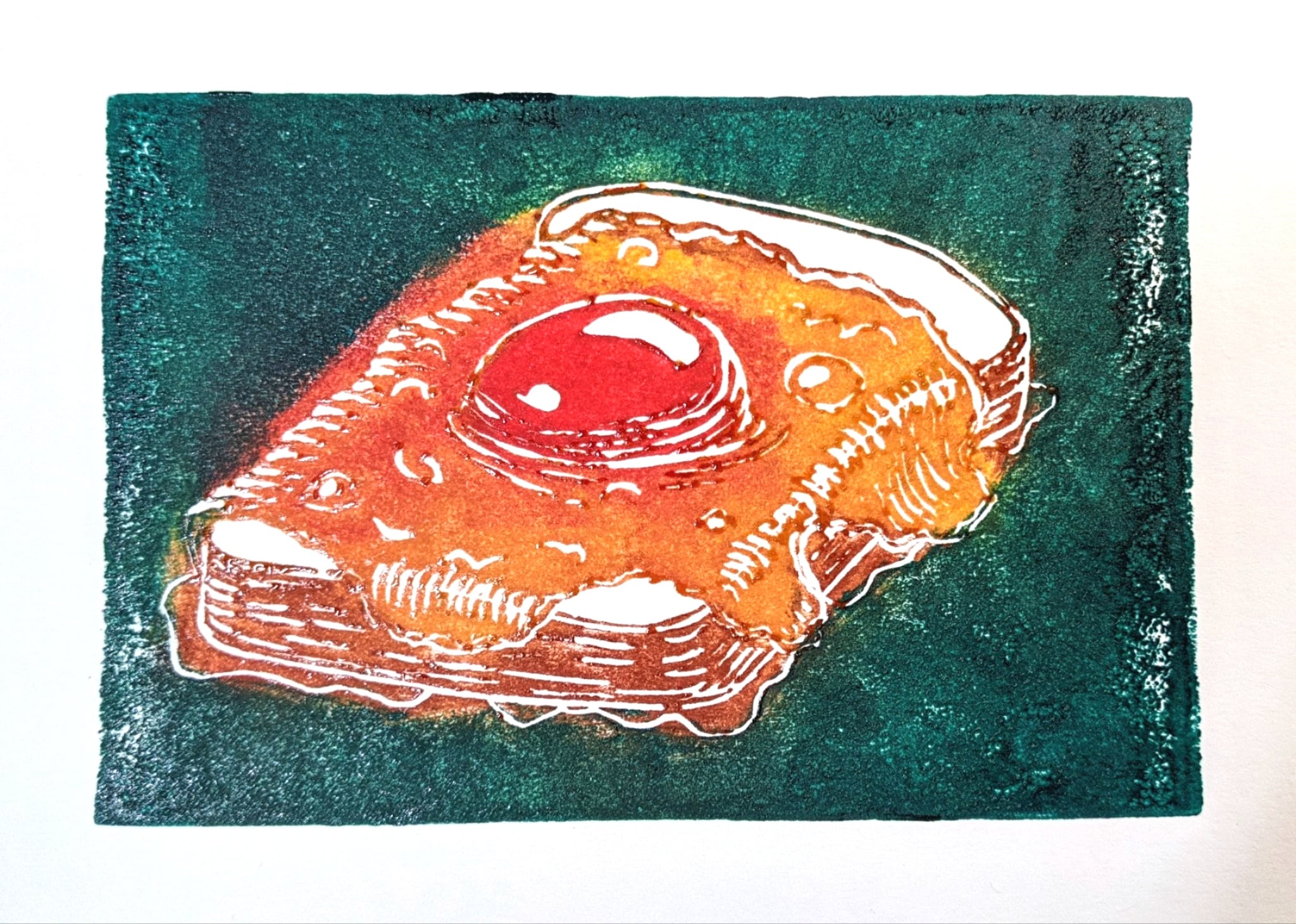 Egg on Toast (teal), linocut print