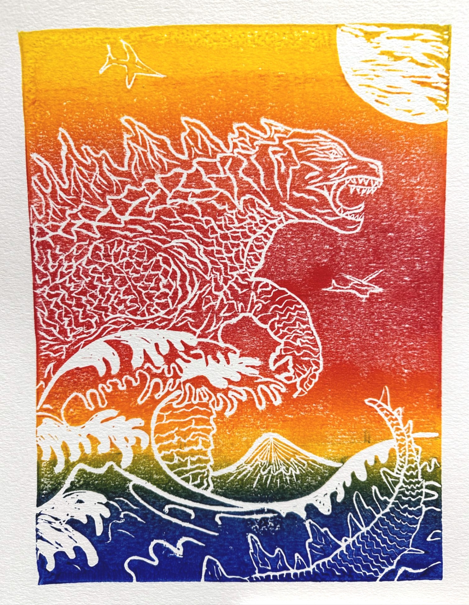 Godzilla (sunset), linocut print