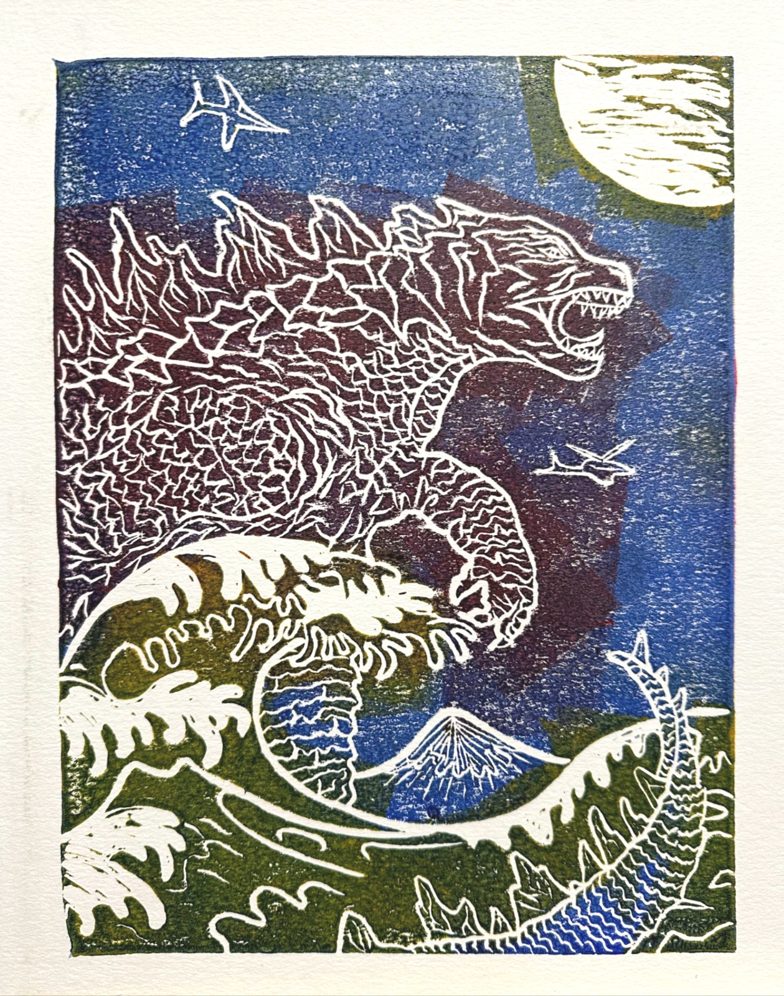 Godzilla (night), linocut print