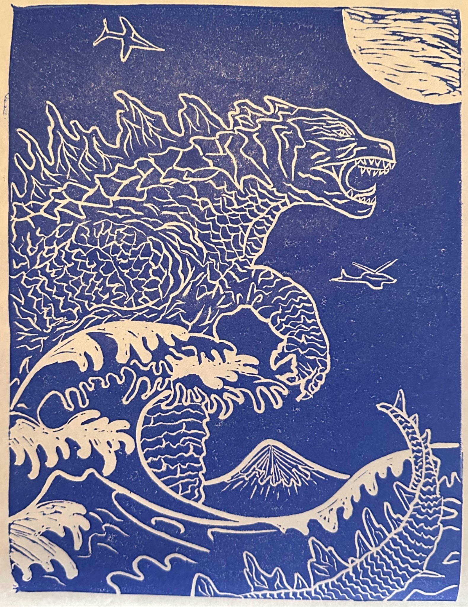 Godzilla (blue), linocut print