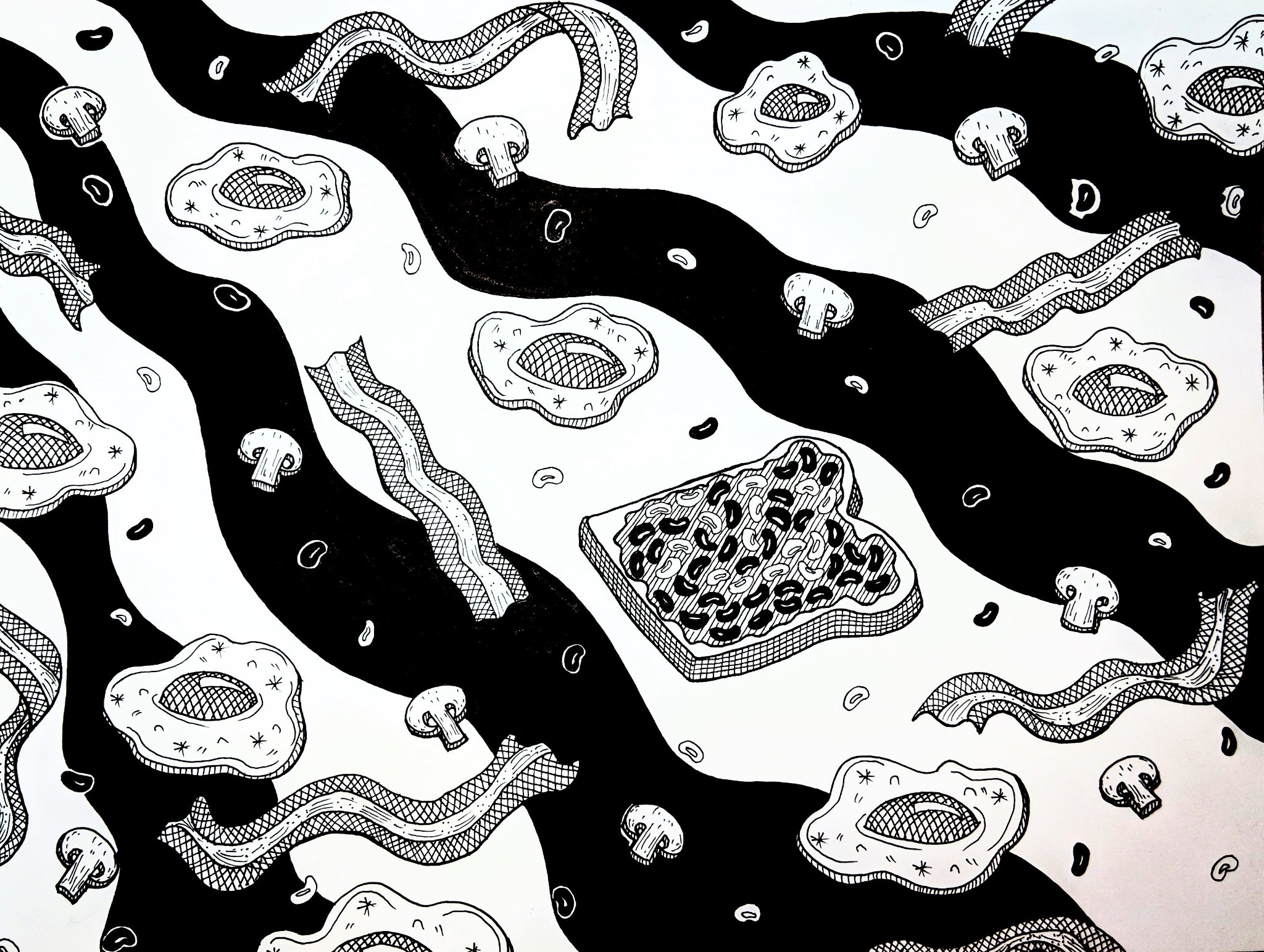 Eggs — Bacon, Beans on Toast, ink on paper