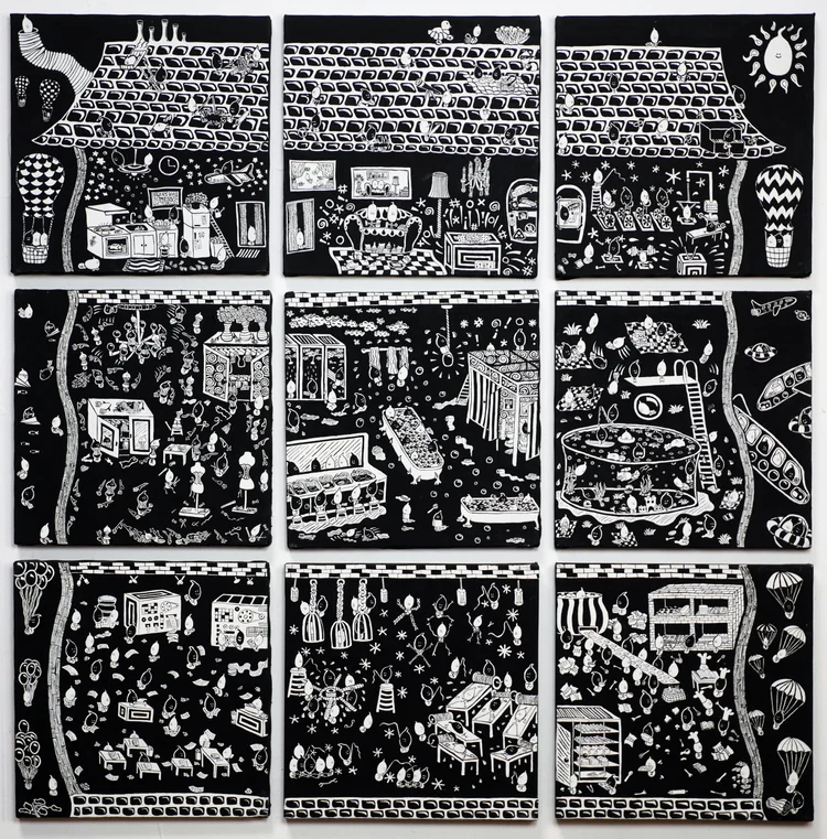 Home — gesso on canvas, 9 – 12 x 12 inch panels
