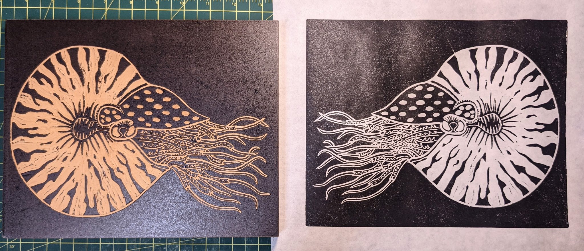 Nautilus (plate & print) — linocut