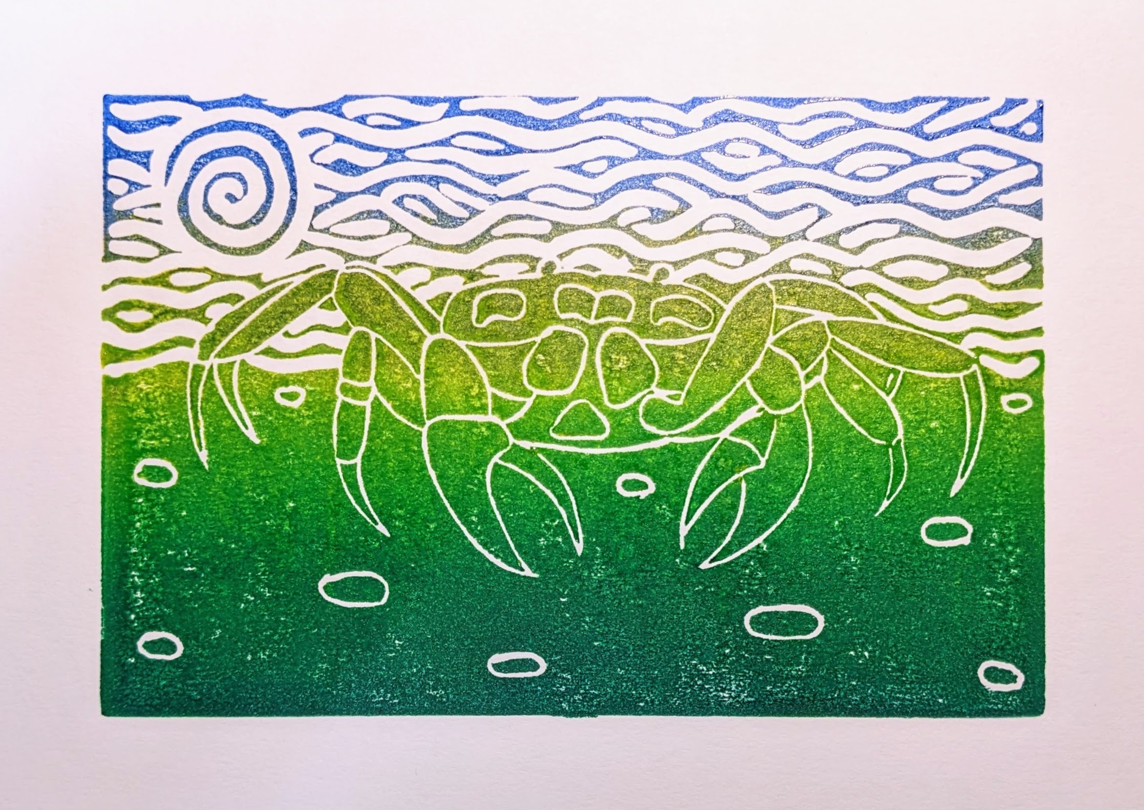 Crab (blue/green) — linocut print