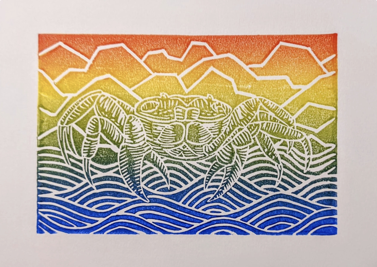 Crab (rainbow) — linocut print