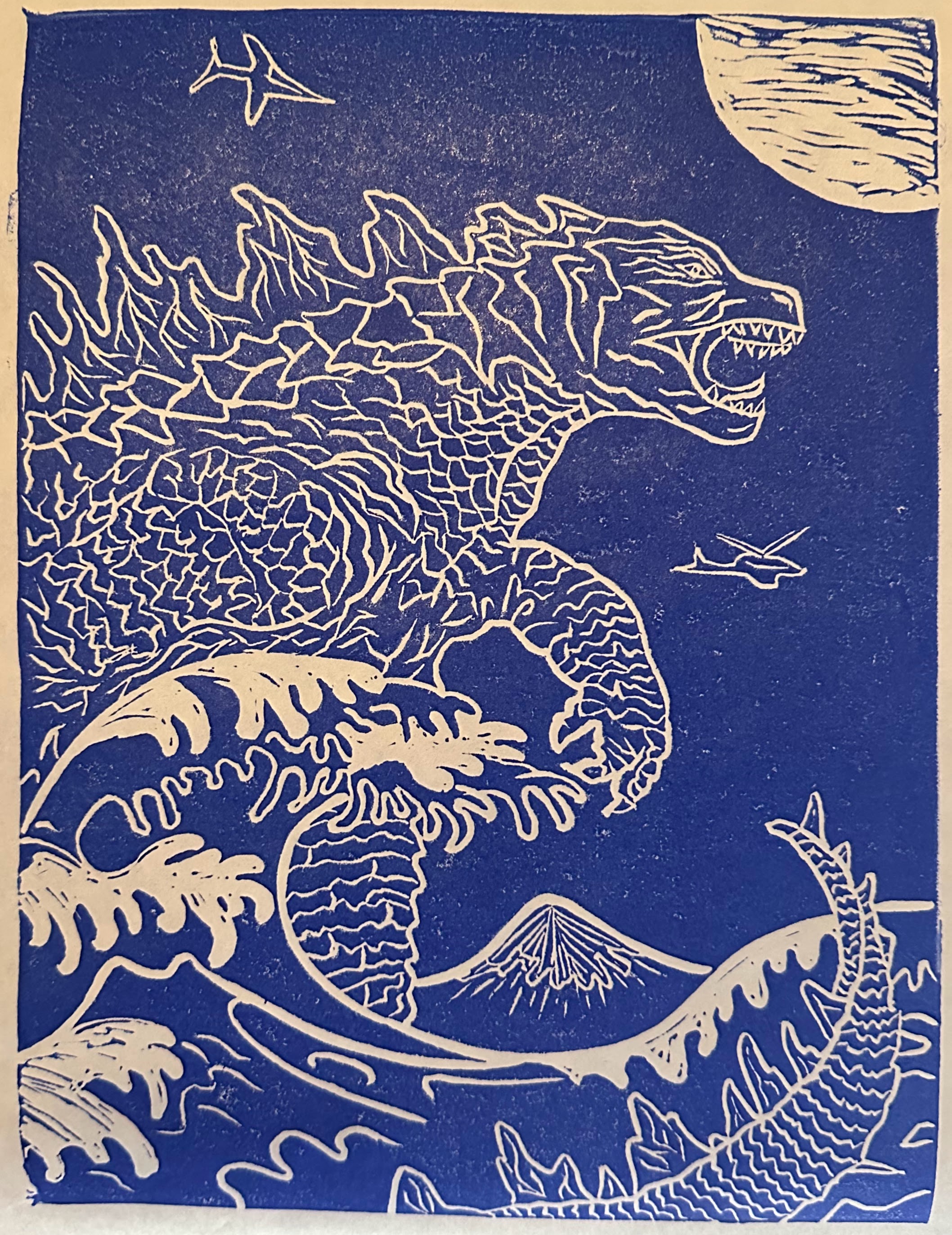Godzilla (blue) — linocut print