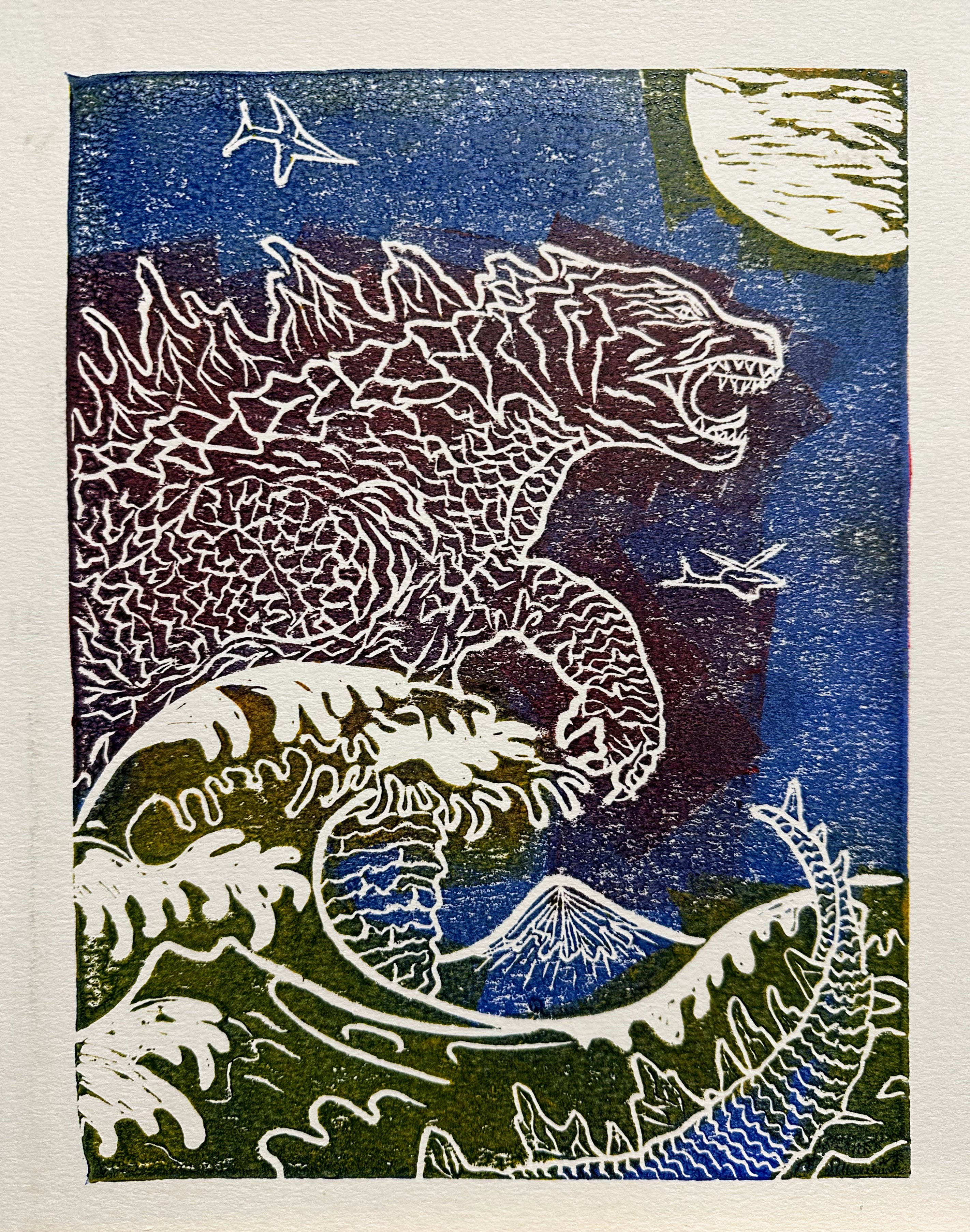 Godzilla (night) — linocut print