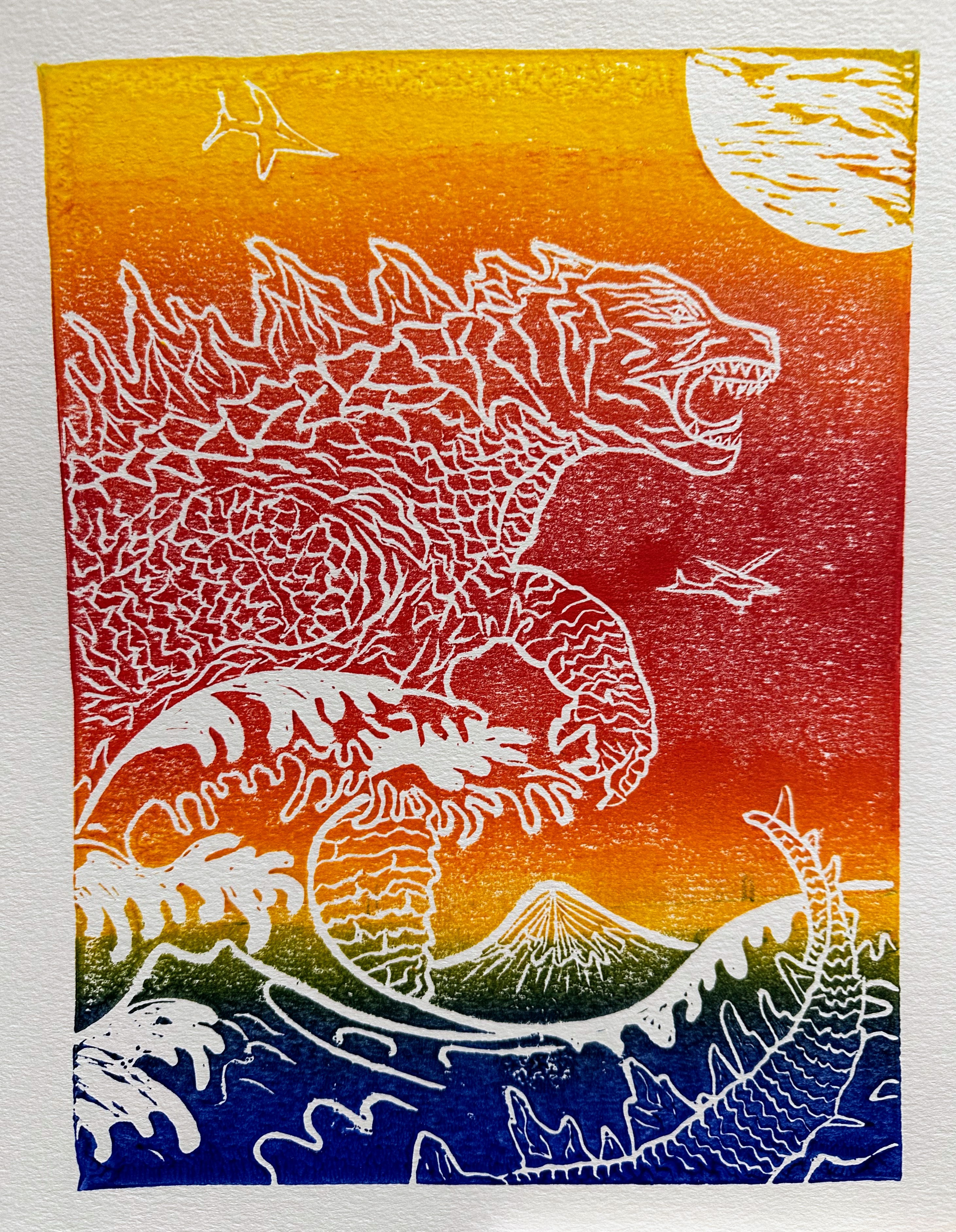 Godzilla (sunset) — linocut print