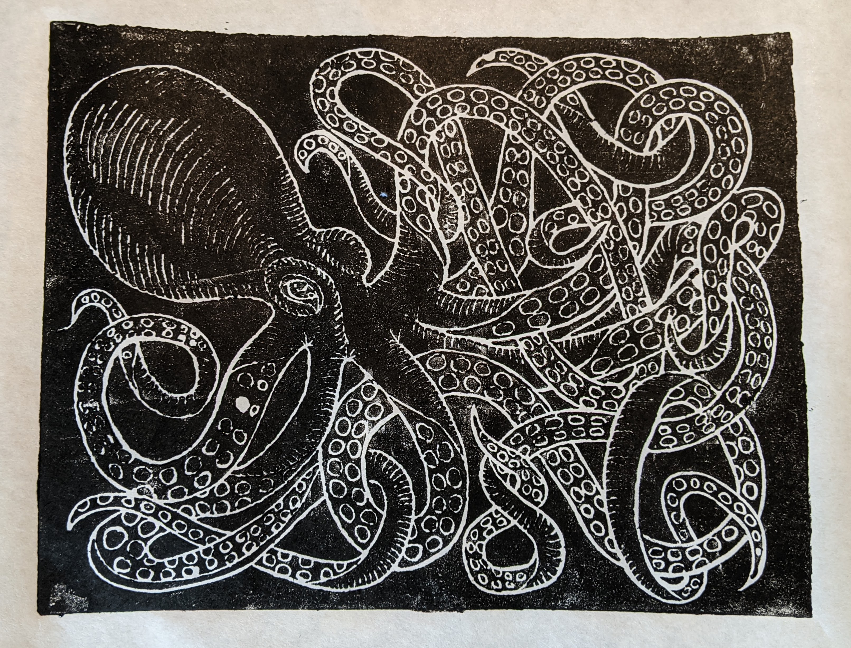 Octopus (black) — linocut print
