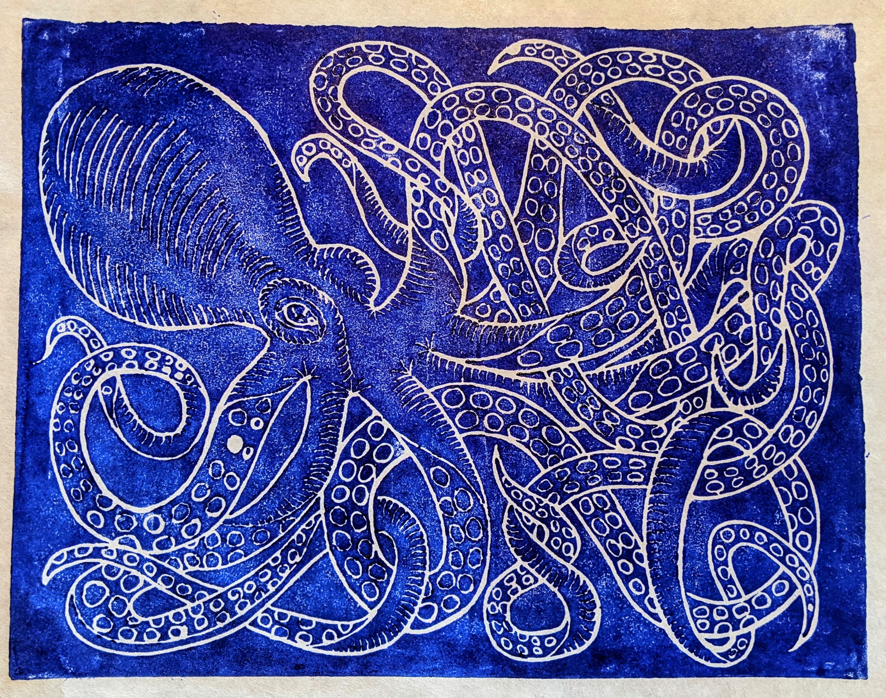 Octopus (blue) — linocut print