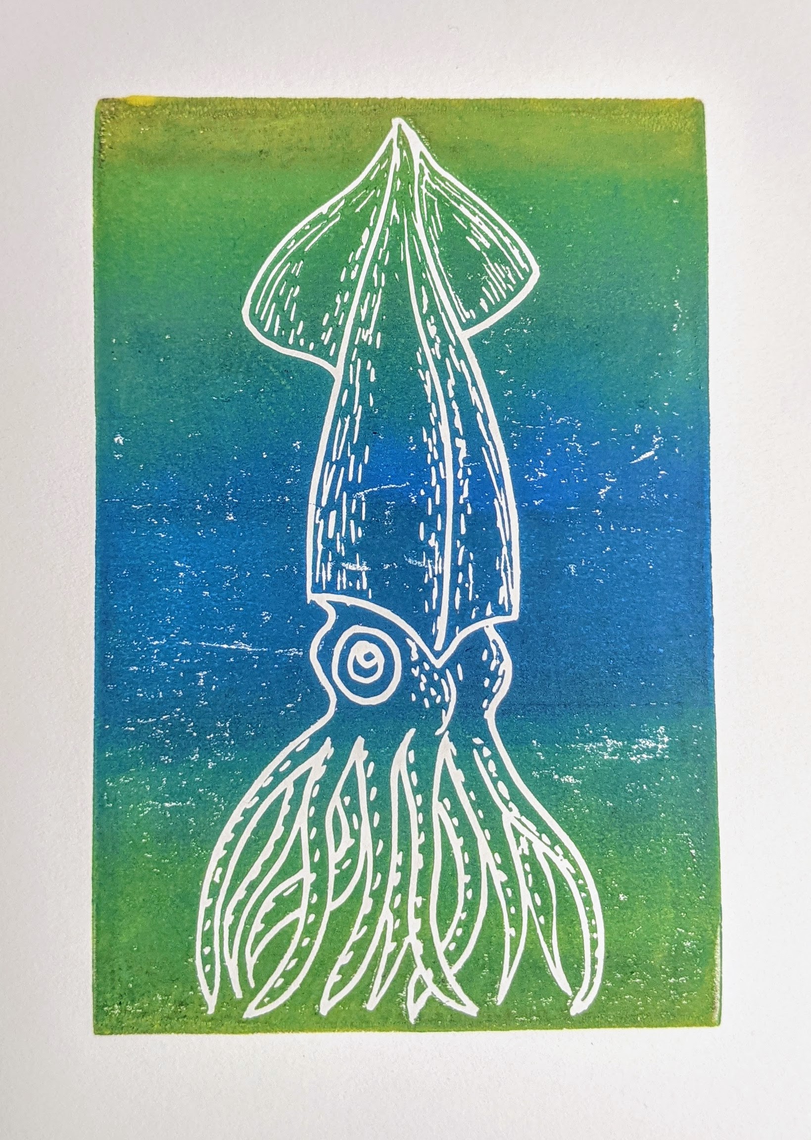 Squid (blue/green) — linocut print