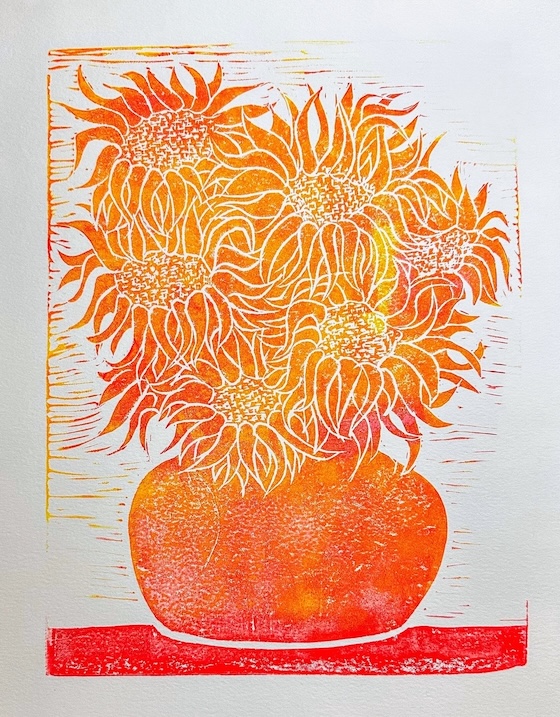 Sunflowers (orange) — linocut print